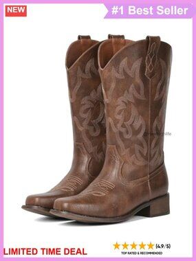 Women's Square Toe Embroidered Western Cowgirl Mid Calf Boots